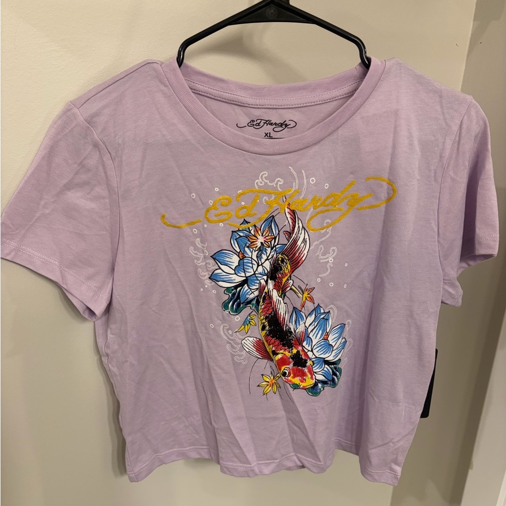 Ed Hardy Lavender Tee with Colorful Graphic